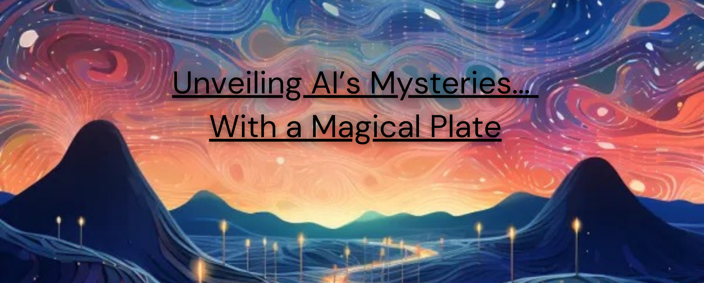 Copy of MA Blog Banner - Magical Plate Blog image header - decorative AI depiction of an AI landscape using plate analogy. With a blog title.