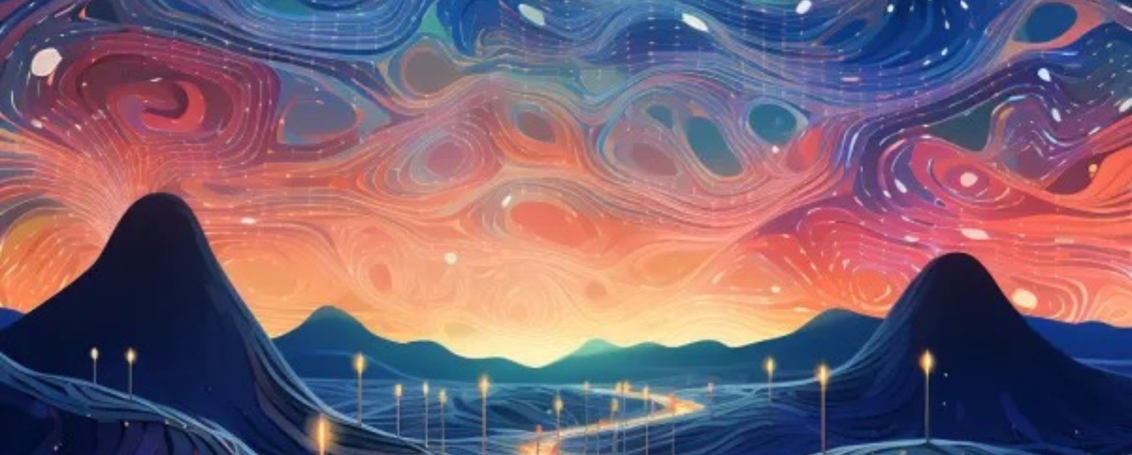 MA Blog Banner – Magical Plate (image only) AI generated image of surreal mountains with warm colours. Decorative purpose